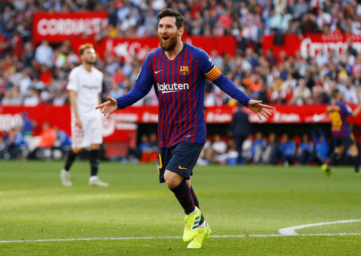 Festejo de Messi en Barcelona ante Sevilla (Reuters)
