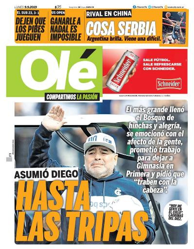 Tapas de diarios, Olé, lunes 9-09-19