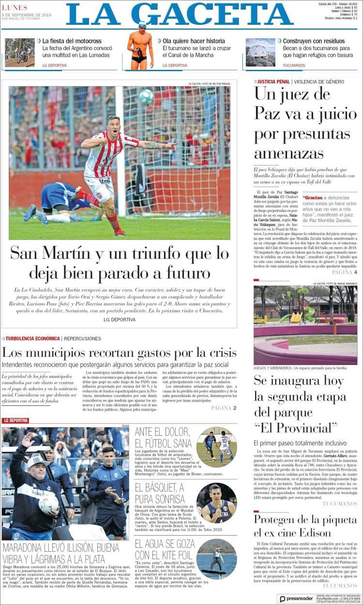 Tapas de diarios,La Gaceta, lunes 9-09-19