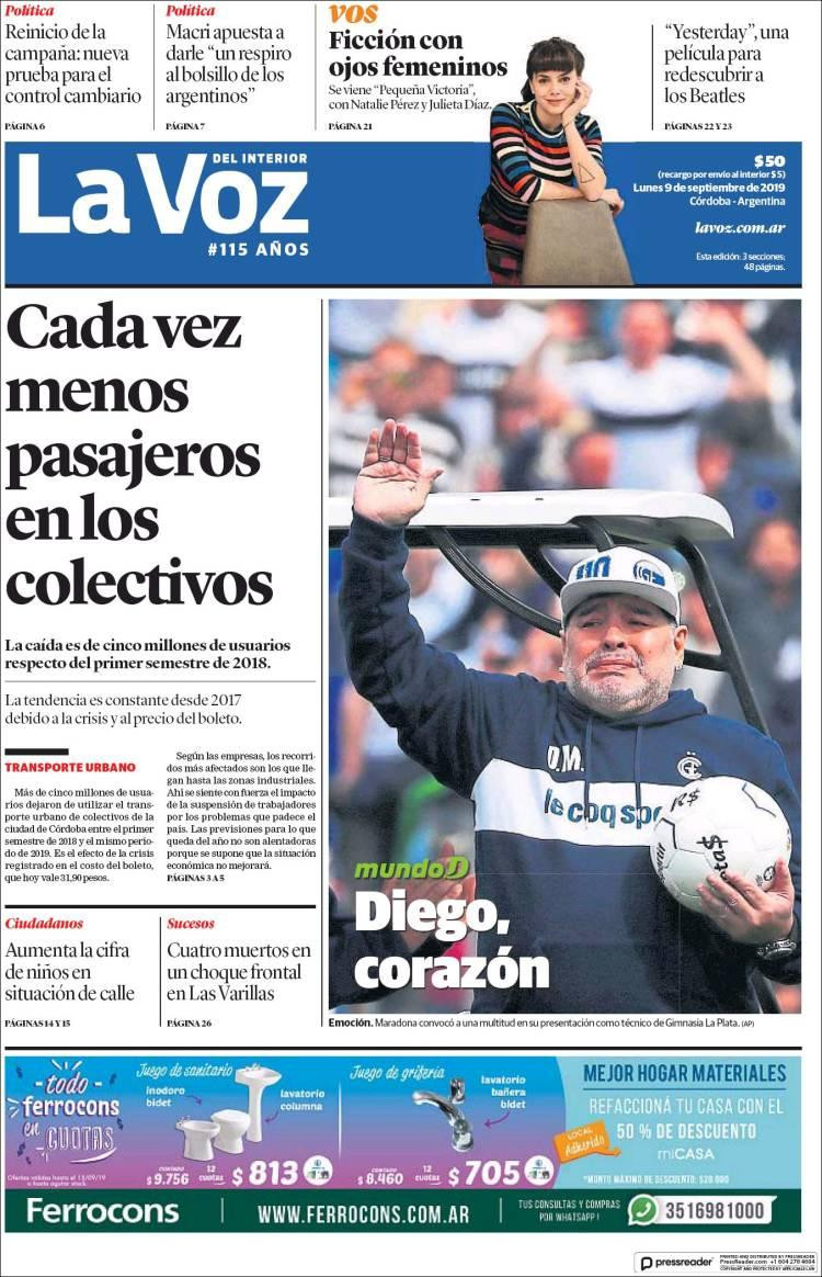 Tapas de diarios, La Voz del Interior, lunes 9-09-19