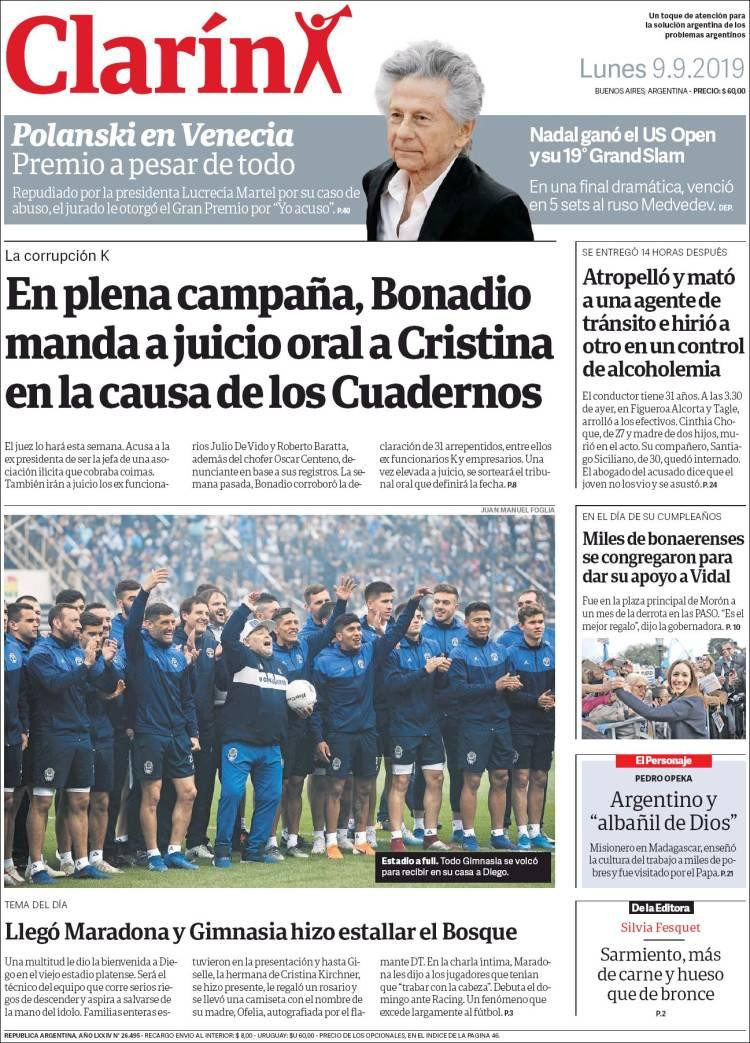 Tapas de diarios, Clarín, lunes 9-09-19