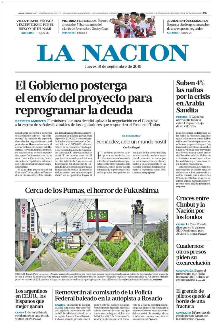 Tapas de diarios, La Nación, jueves 19-09-19