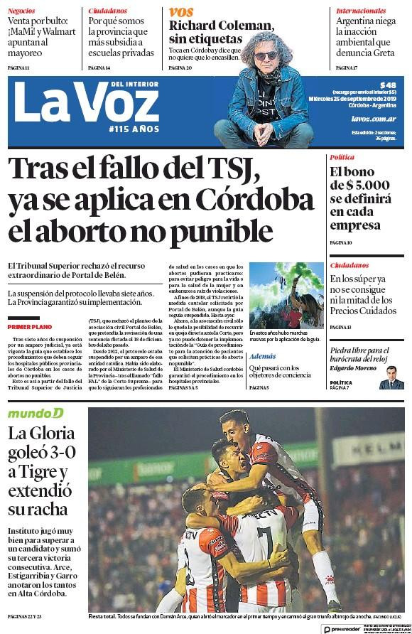 Tapas de diarios, La Voz del Interior, miércoles 25-09-19