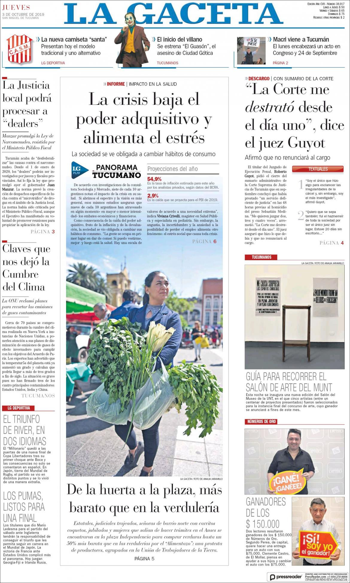 Tapas de diarios, La Gaceta, jueves 3-10-19