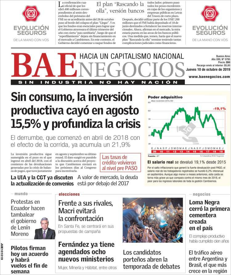 Tapas de diarios, BAE Negocios, jueves 10-10-19