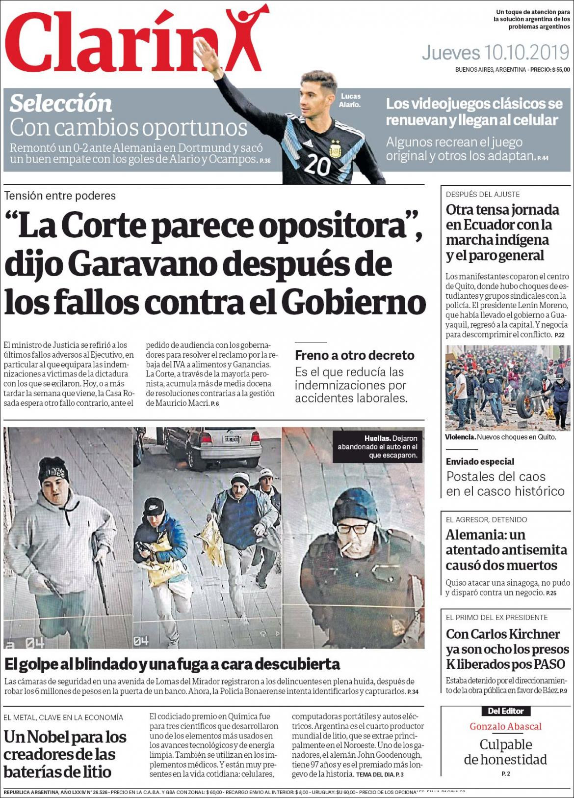 Tapas de diarios, Clarin, jueves 10-10-19