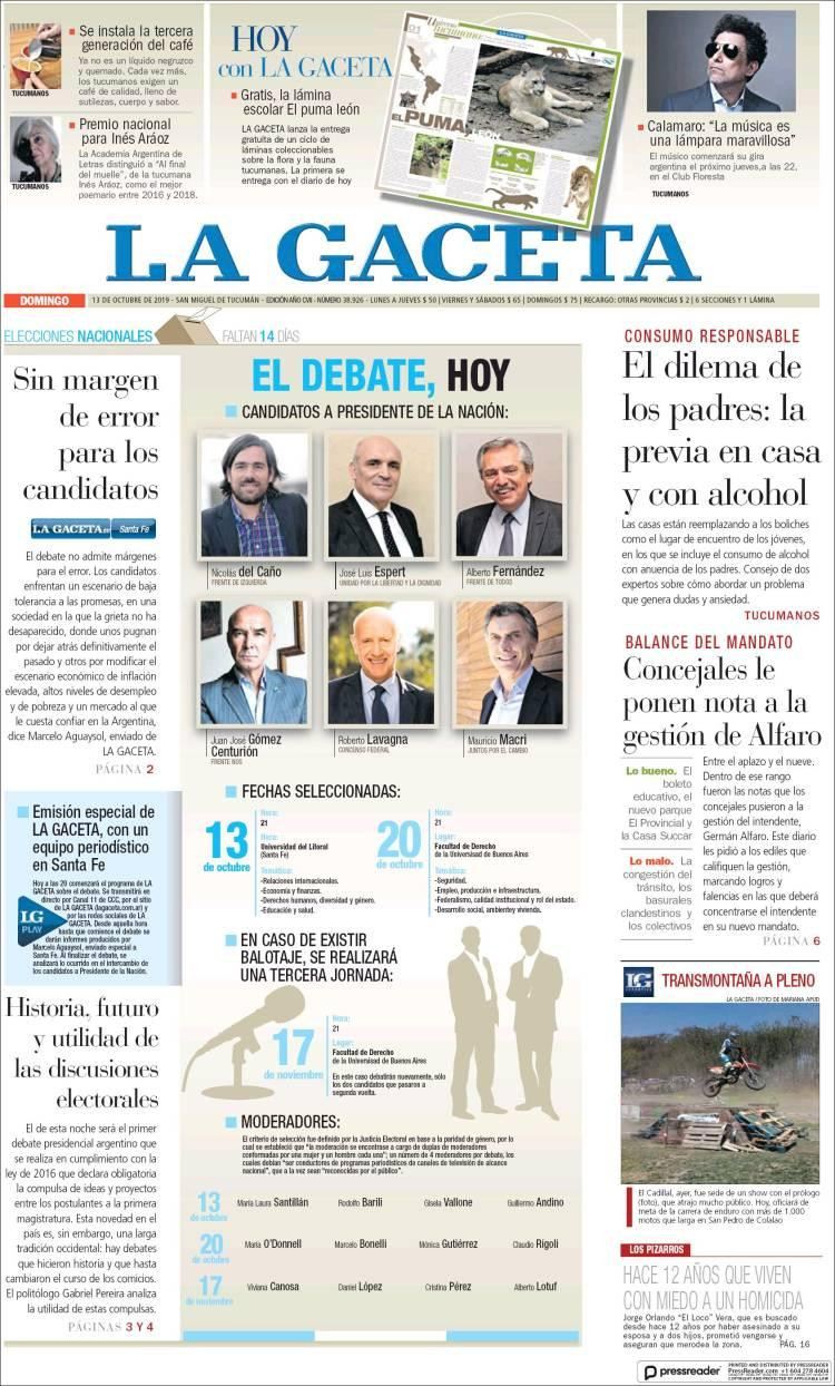 Tapas de diarios, La Gaceta, domingo 13-10-19