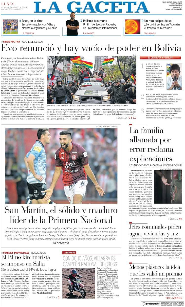 Tapas de diarios, La Gaceta lunes 11-11-19