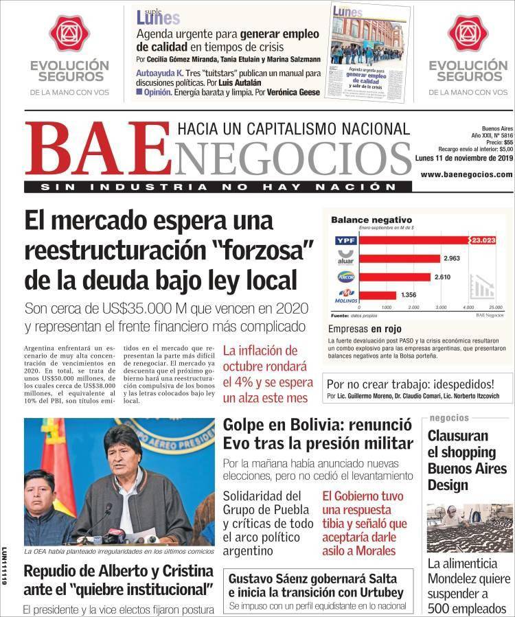 Tapas de diarios, BAE lunes 11-11-19