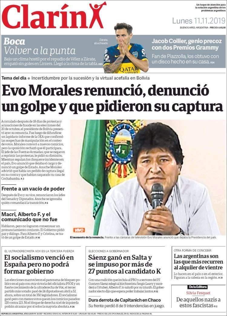 Tapas de diarios, Clarín lunes 11-11-19