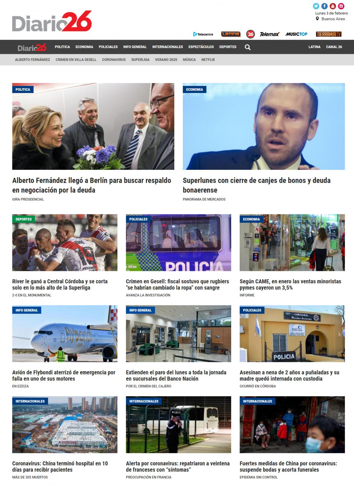 Tapas de diarios, Diario 26, lunes 3 de febrero de 2020