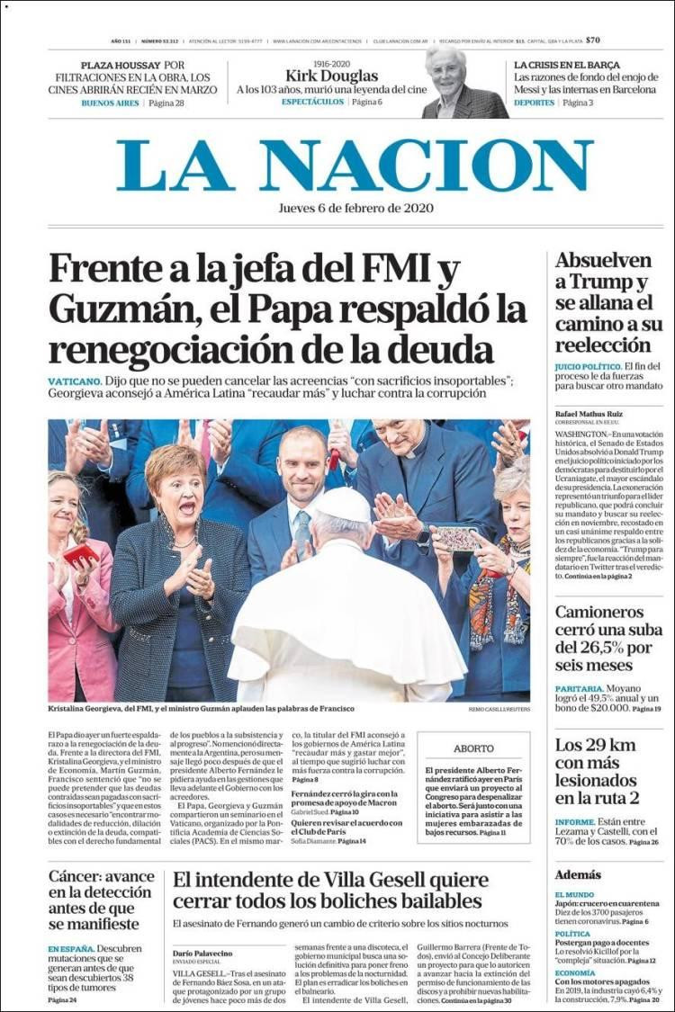 Tapas de Diarios, La Nación jueves 6 de febrero de 2020
