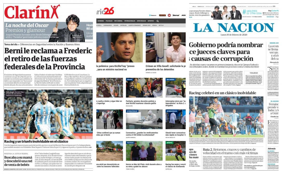 Tapas de Diarios, lunes 10 de febrero de 2020