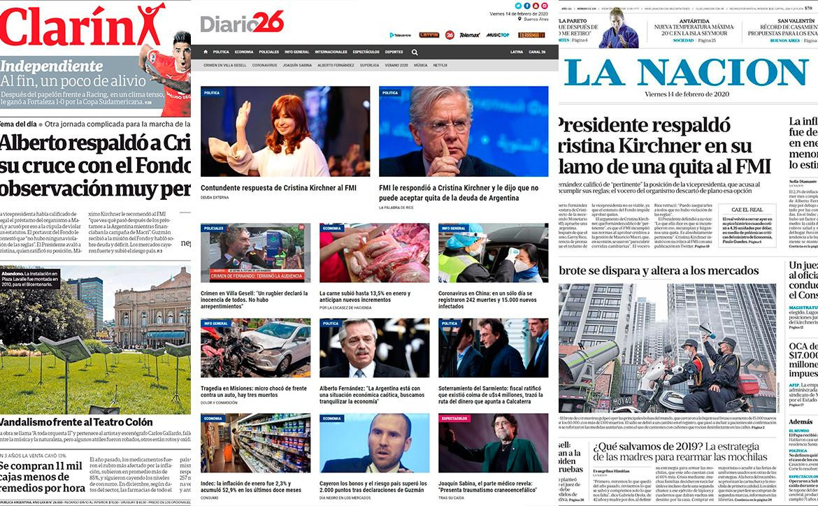 Tapas de diarios argentinos, 14-2-20