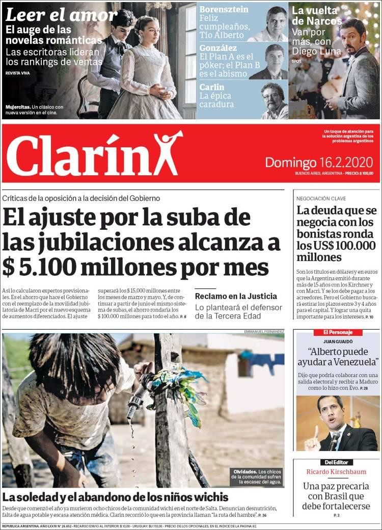 Tapas de diarios, domingo 16 de febrero de 2020, CLARIN	