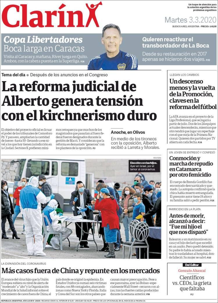 Tapas de diarios, Clarín, martes 3 de marzo de 2020