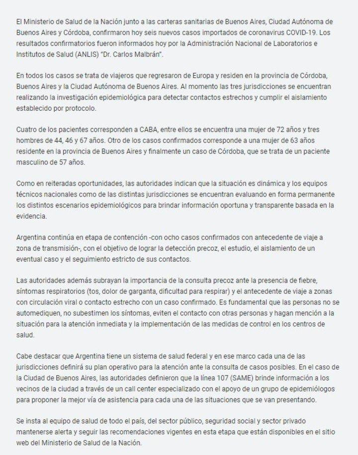 Comunicado de Ministerio de Salud por nuevos casos de coronavirus en Argentina