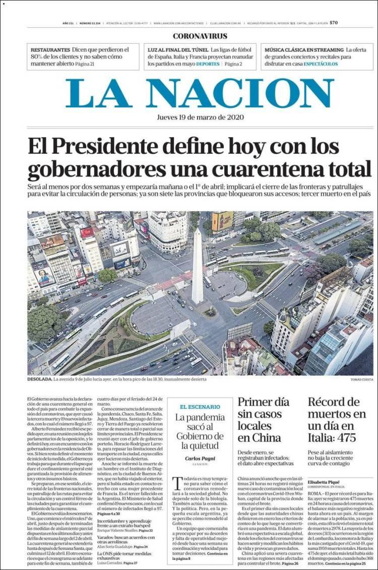 Tapas de diarios, La Nación jueves 19 de marzo de 2020