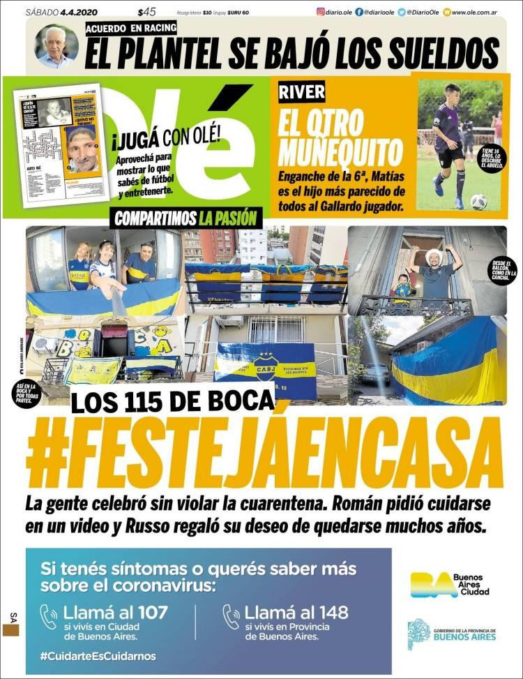 Tapas de diarios, Olé, sábado 4 de abril de 2020