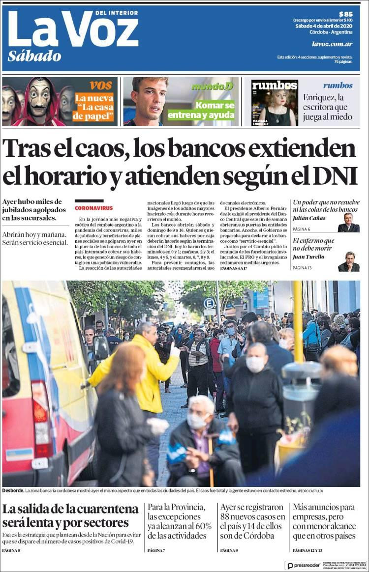 Tapas de diarios, La Voz, sábado 4 de abril de 2020