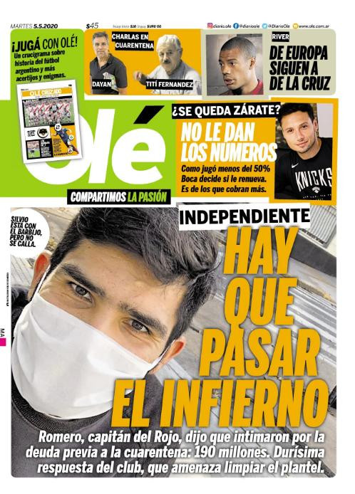 Tapas de diarios, Olé, martes 5 de mayo de 2020