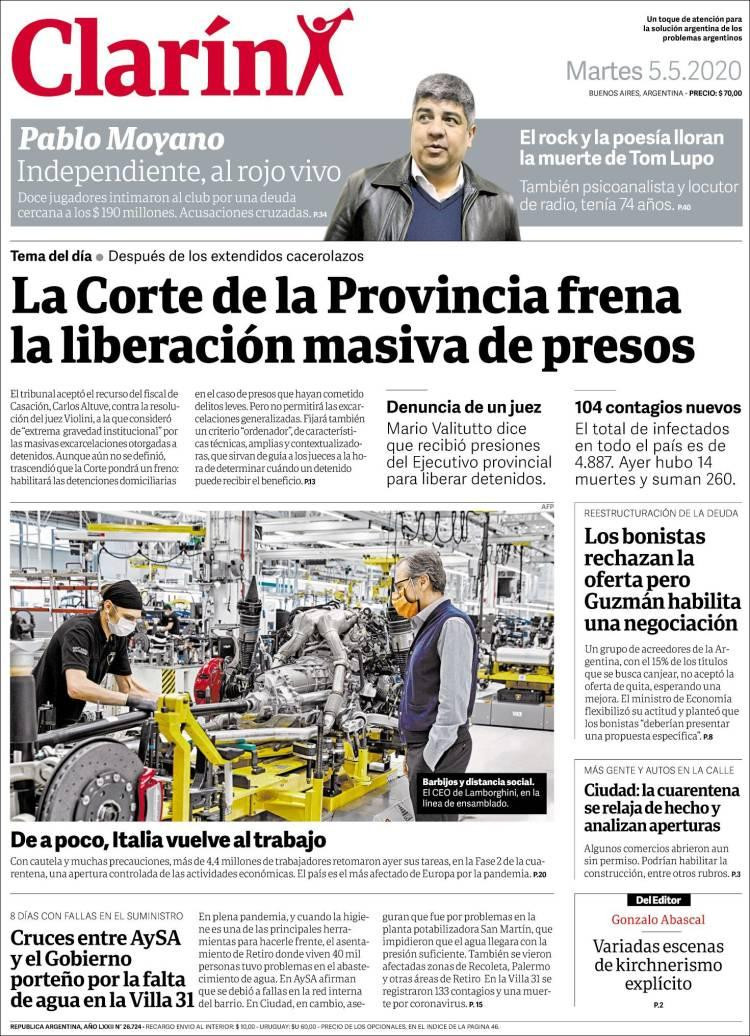 Tapas de diarios, Clarín, martes 5 de mayo de 2020