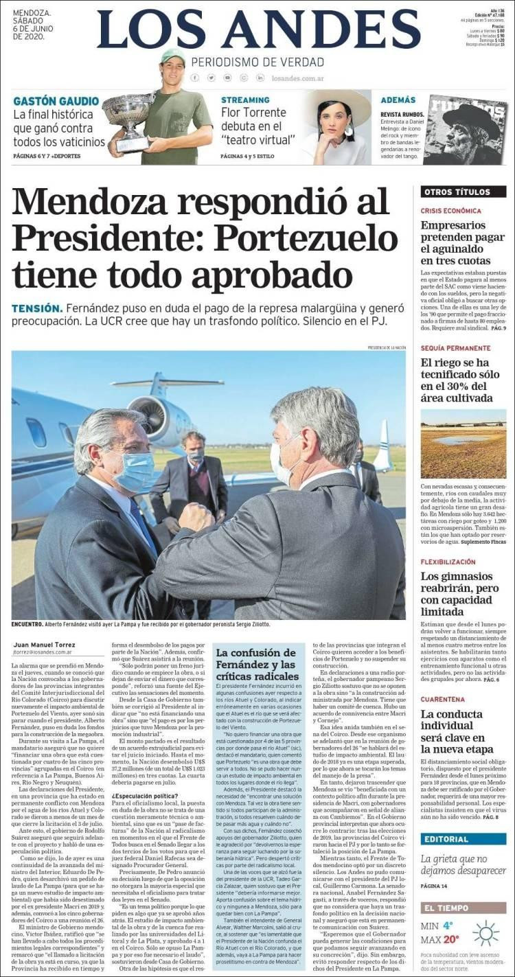 Tapas de diarios, Los Andes, sábado 6 de junio de 2020