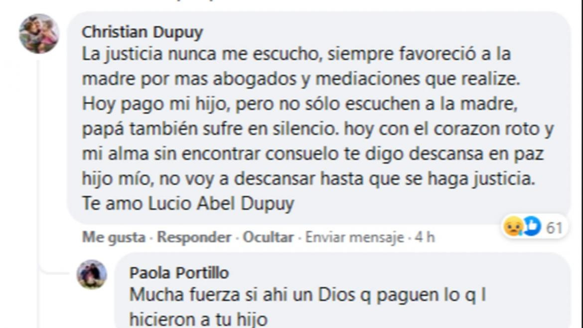 Christian Dupuy recordó en Facebook a su hijo asesinado a golpes