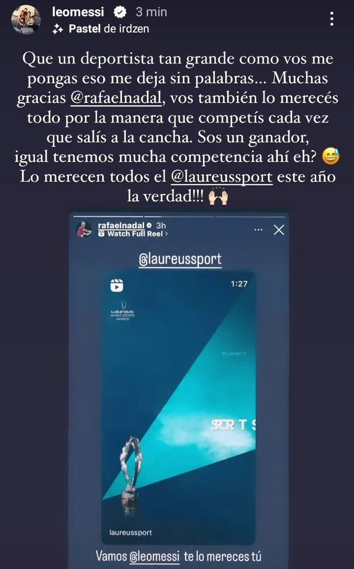 Mensaje de Lionel Messi para Rafael Nadal por el premio Laureus. Foto: @leomessi.