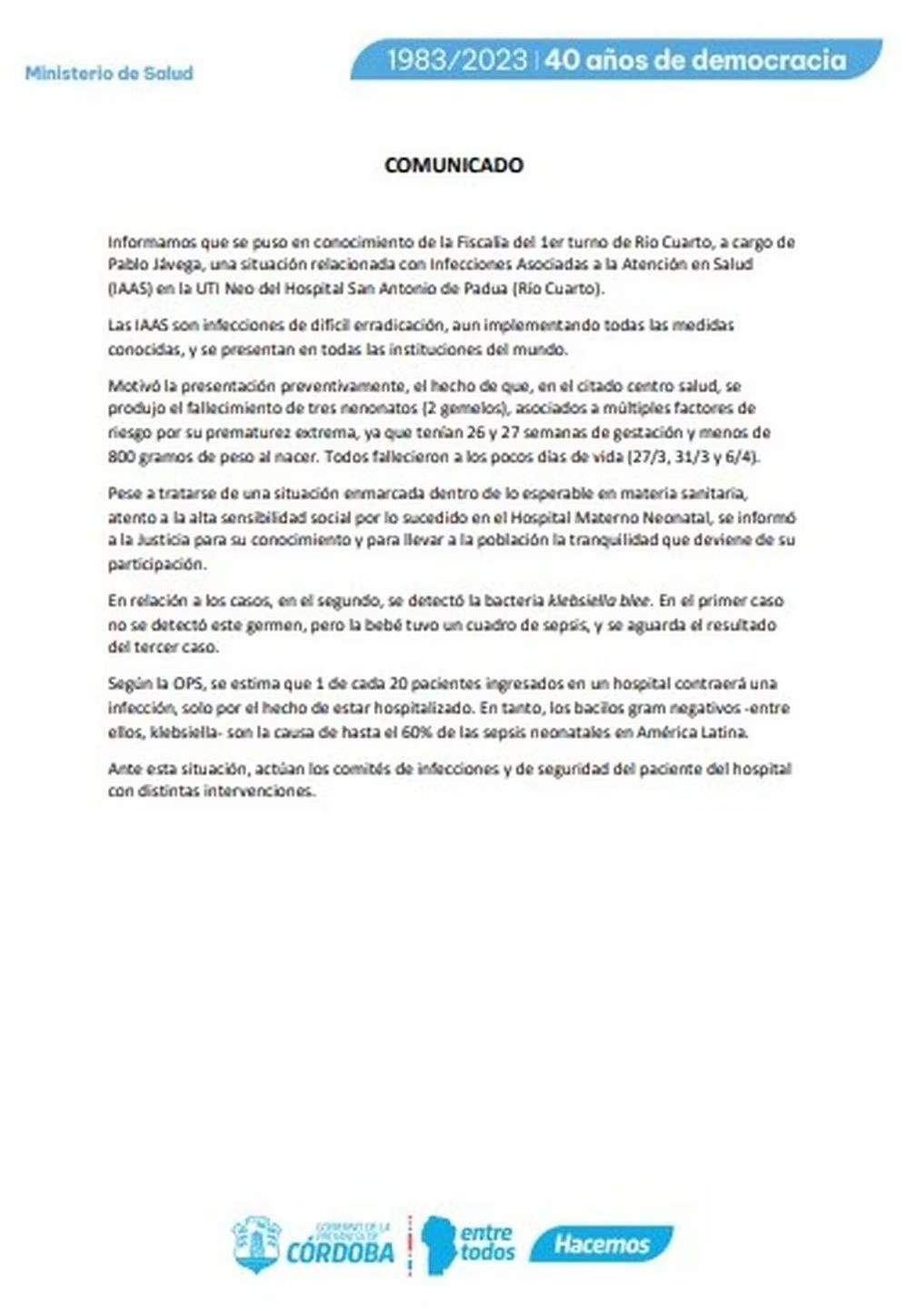 Comunicado del Ministerio de Salud de Córdoba