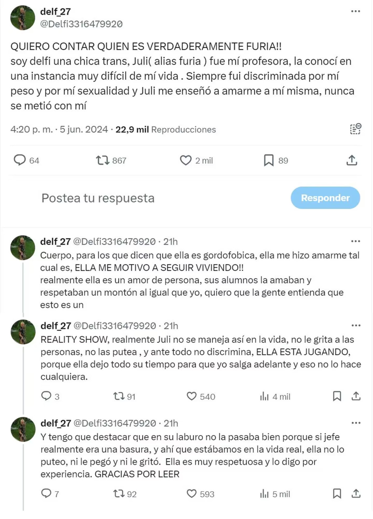 El descargo de una alumna de Furia. Foto: X.