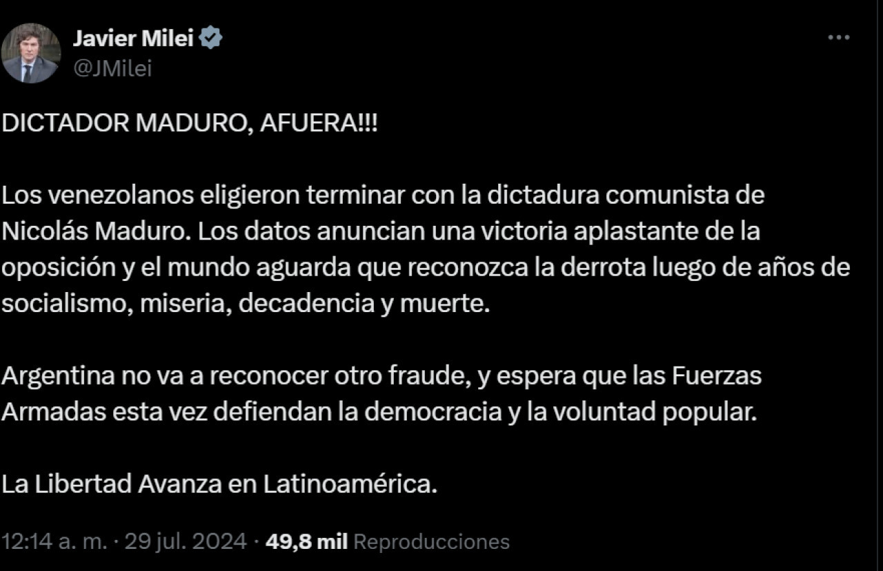 El tuit de Javier Milei.