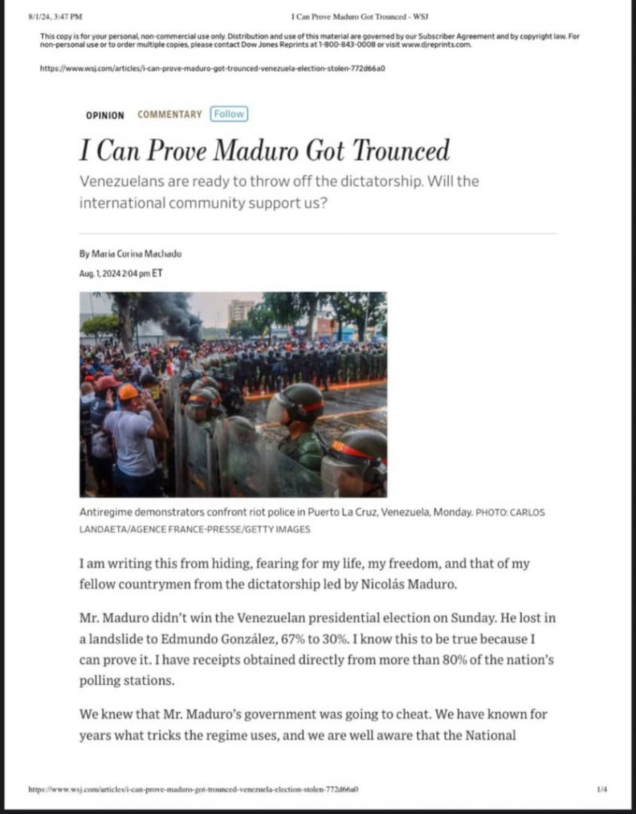 Editorial de María Corina Machado en The Wall Street Journal.