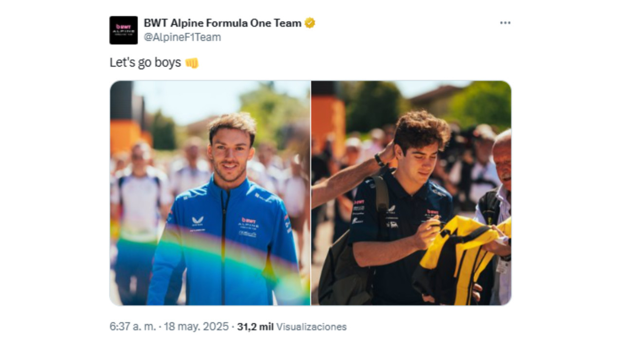 El mensaje de la escudería francesa Alpine para sus pilotos, Colapinto y Gasly.  Foto: X / @AlpineF1Team.