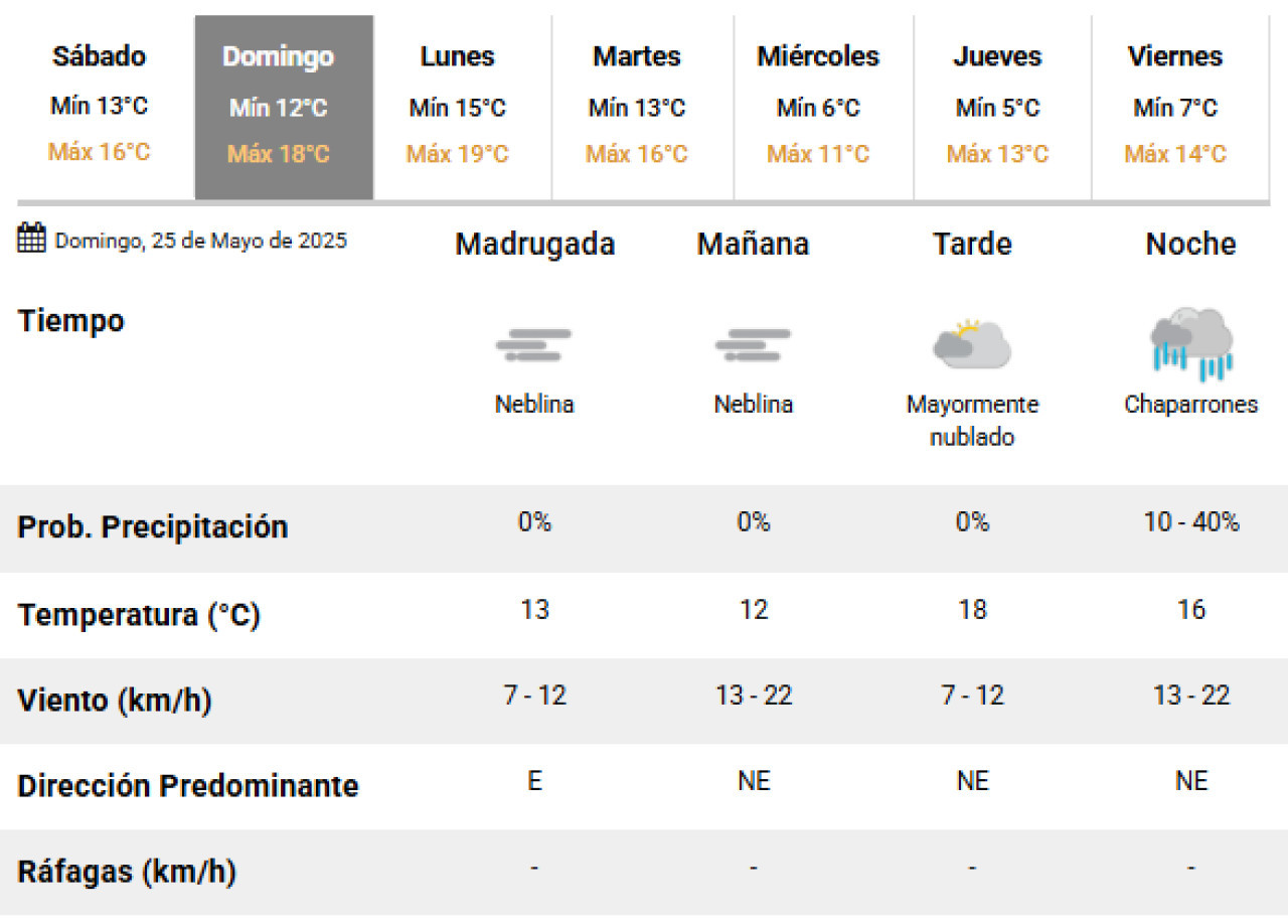 El clima para este domingo 25 de mayo en la Ciudad de Buenos Aires. Foto: SMN.
