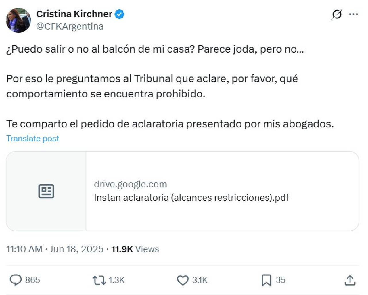 El tuit de Cristina Kirchner sobre salir al balcón. Captura.