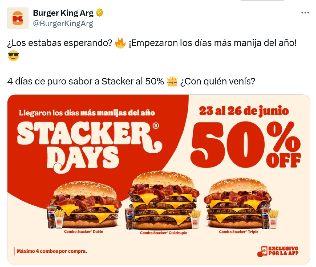 Stacker Days, promoción de Burger King. Foto: X/BurgerKingArg.